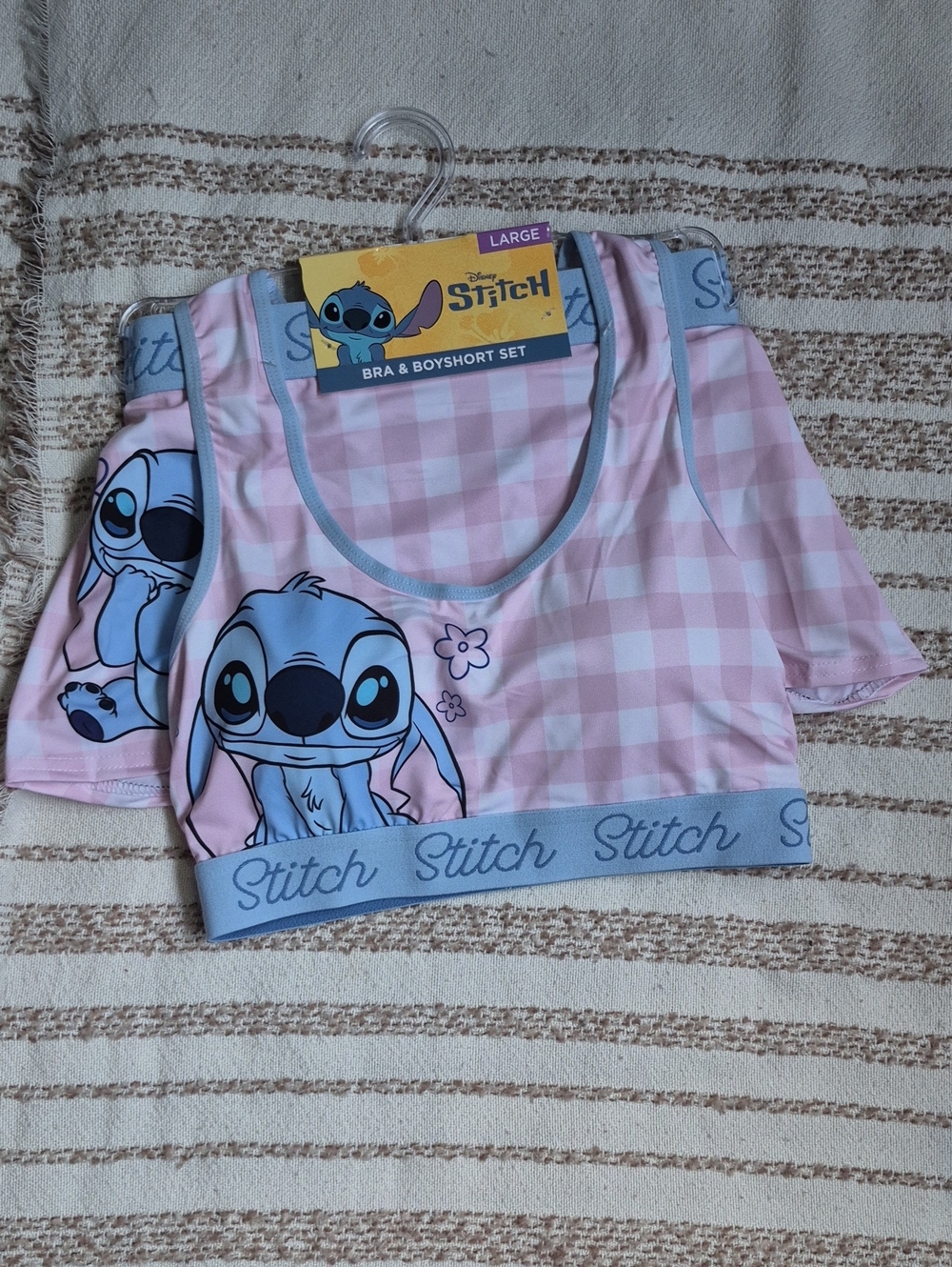 Disney Stitch Pink Gingham Bra & Boyshort Set with Blue Trim